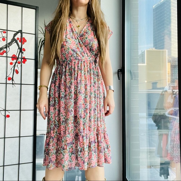 Phase II Wrap Drop Shoulder Busty Bodice Micro Pleated MIDI Floral Dress - Picture 3 of 17